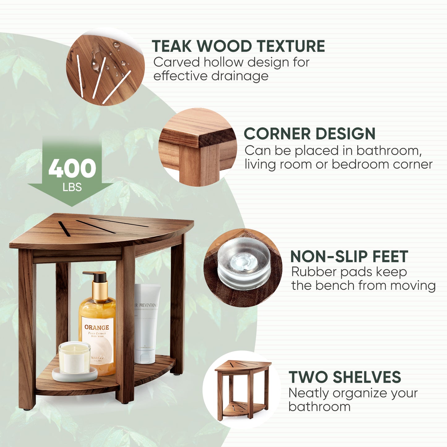 Smuxee Teak Shower Chair,Waterproof Bathroom Shower Stool
