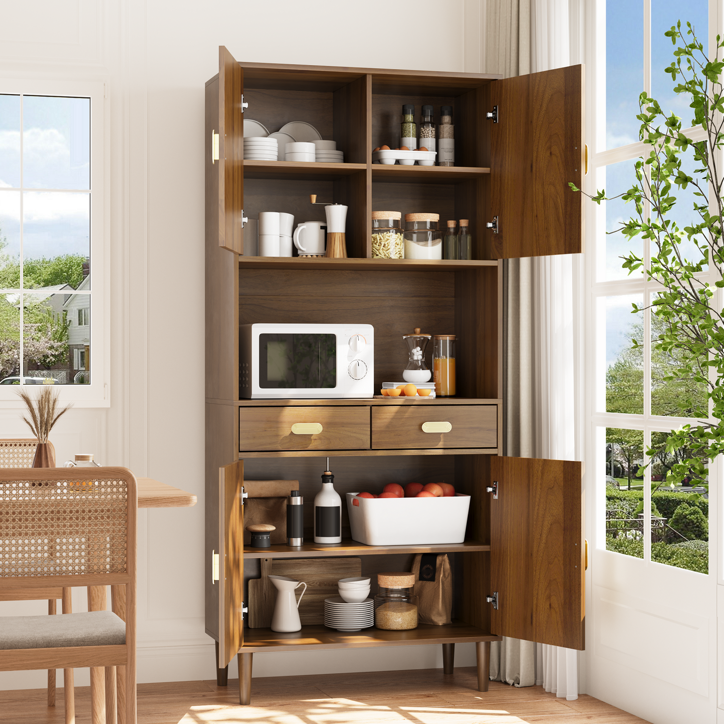 Algherohein Pantry Storage Cabinet with Doors and Drawers,Wood Kitchen Cabinets Storage