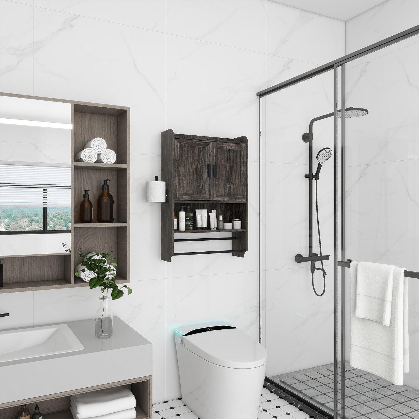 Semiocthome Bathroom Medicine Cabinet Over the Toilet Storage Cabinet with Towel Bar and Paper Holder