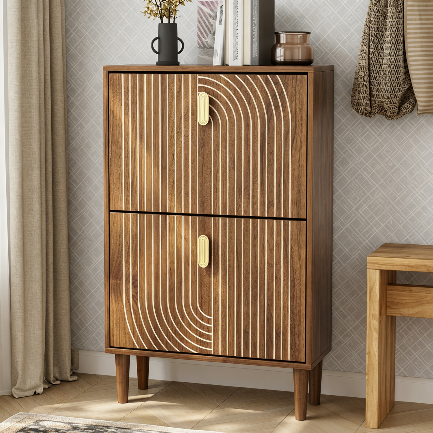 Algherohein Shoe Organizer with 2 Flip Drawers & Adjustable Shelves, Freestanding Wood Slim Shoe Storage Cabinet for Enterway & Hallway