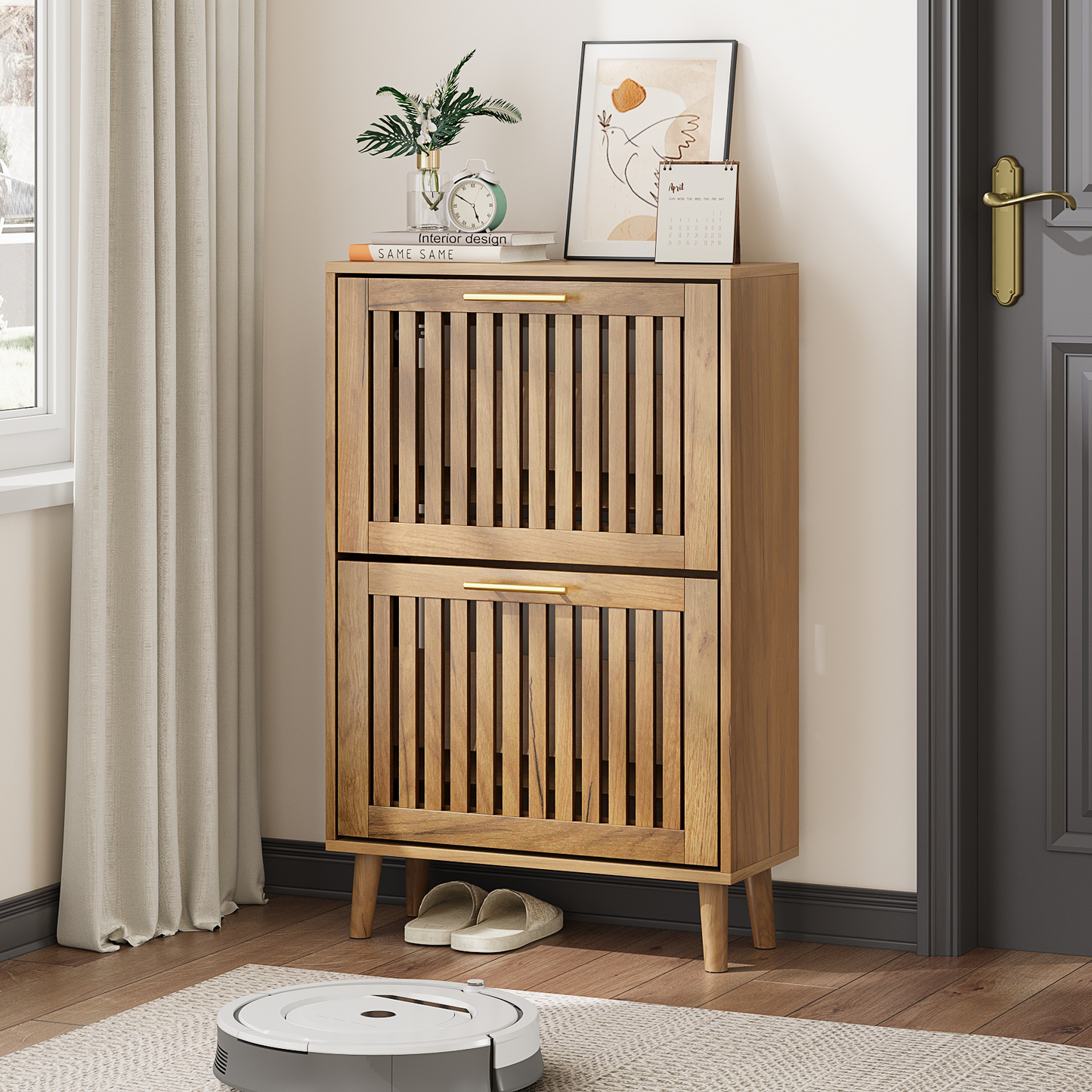 Semiocthome 23.6" Shoe Storage Cabinet with 2 Flip Louvered Drawers for Entryway, Hallway, Natural