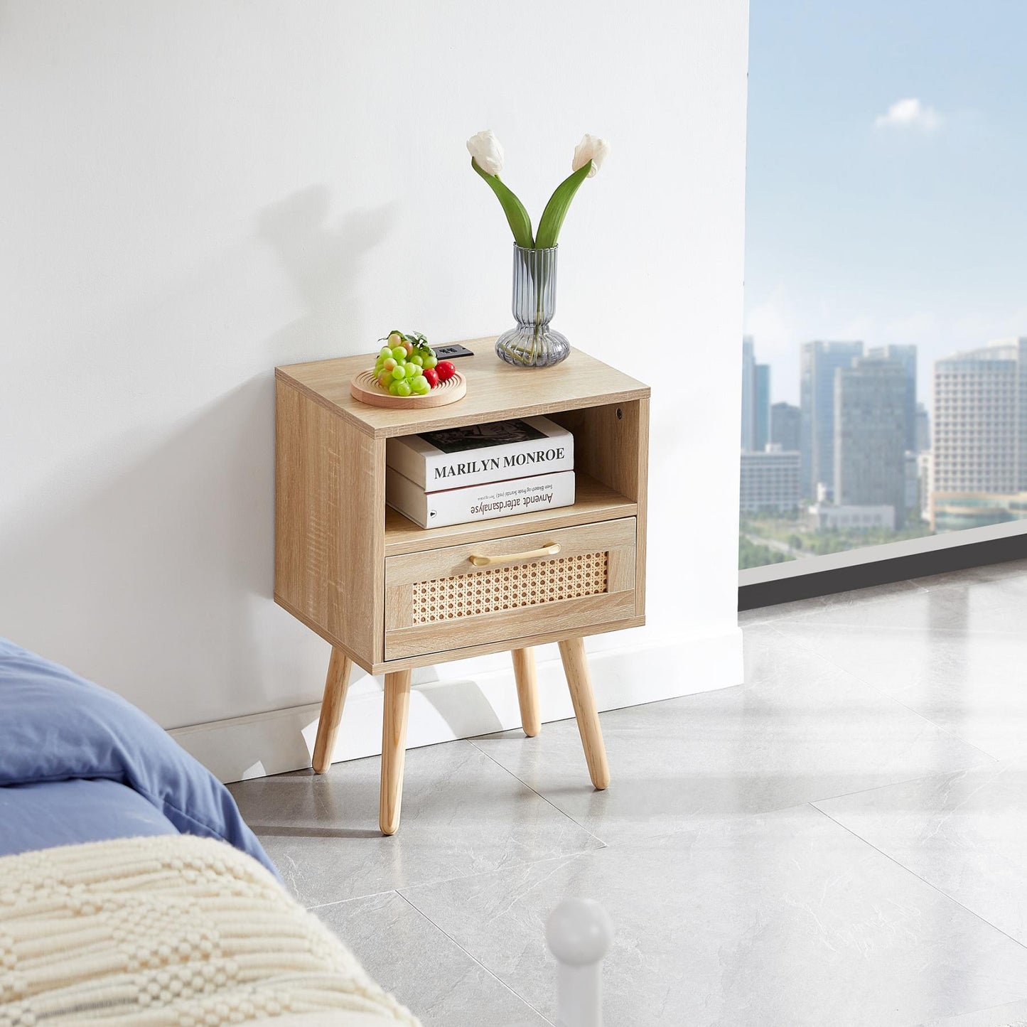Smuxee Modern Rattan Nightstand with Drawer,End Tables Side Tables for Bedroom