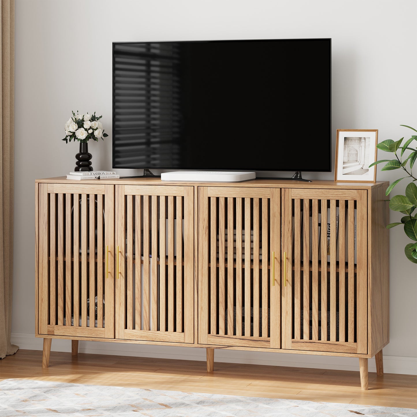 Semiocthome Sideboards and Buffets with 4 Doors and Adjustable Shelve,Coffee Bar for Kitchen, Natural