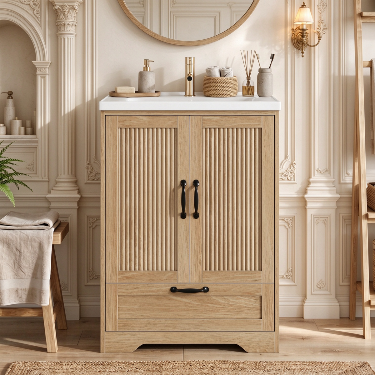 Smuxee 24 Inch Freestanding Bathroom Vanity with Sink, Fluted Cabinet Doors & Storage Drawer, Wood Grain Bathroom Sink Cabinet, Walnut