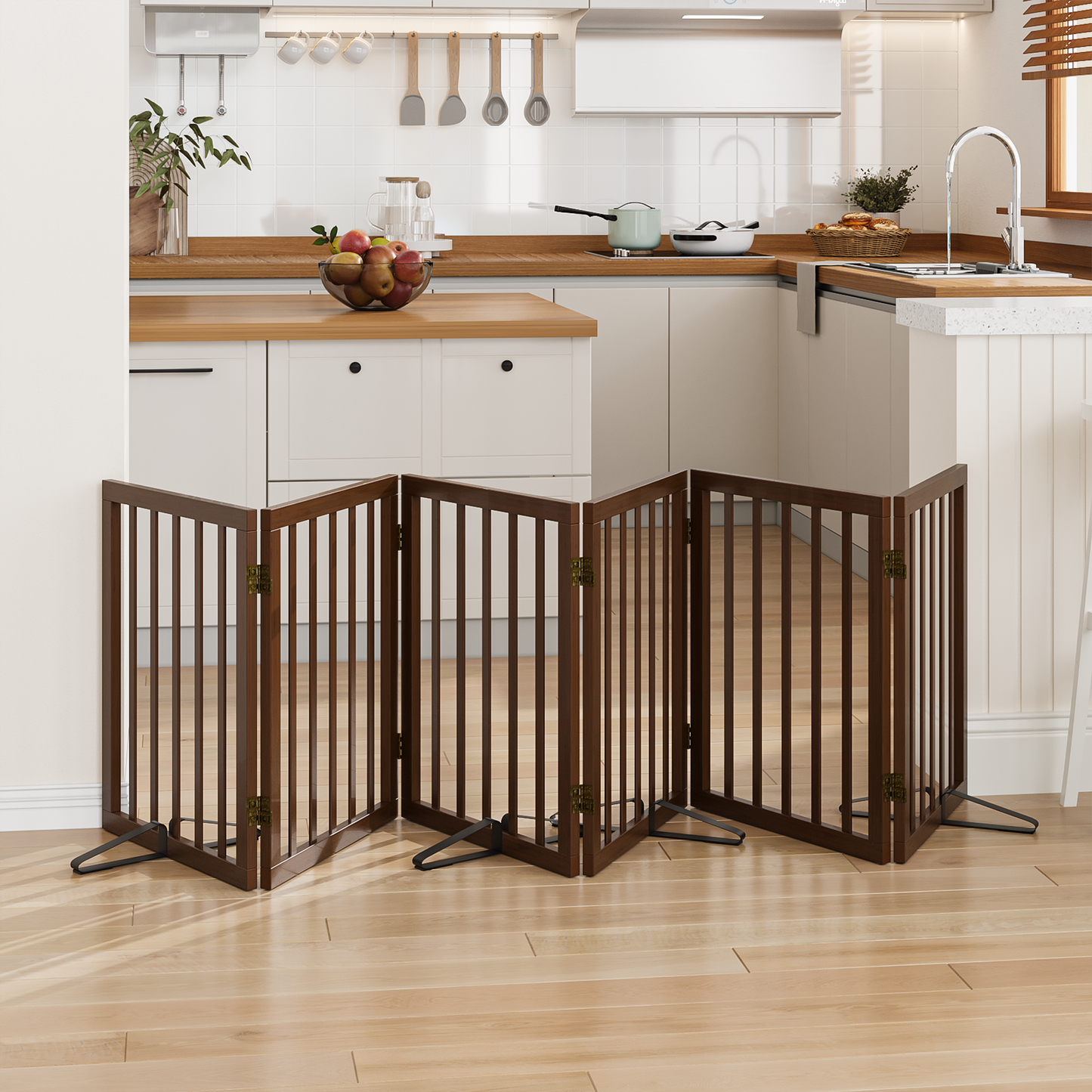 Smart FENDEE Bamboo Dog Gate Freestanding 6 Panel Pet Gate for Doorways, 4 Support Feet, Espresso