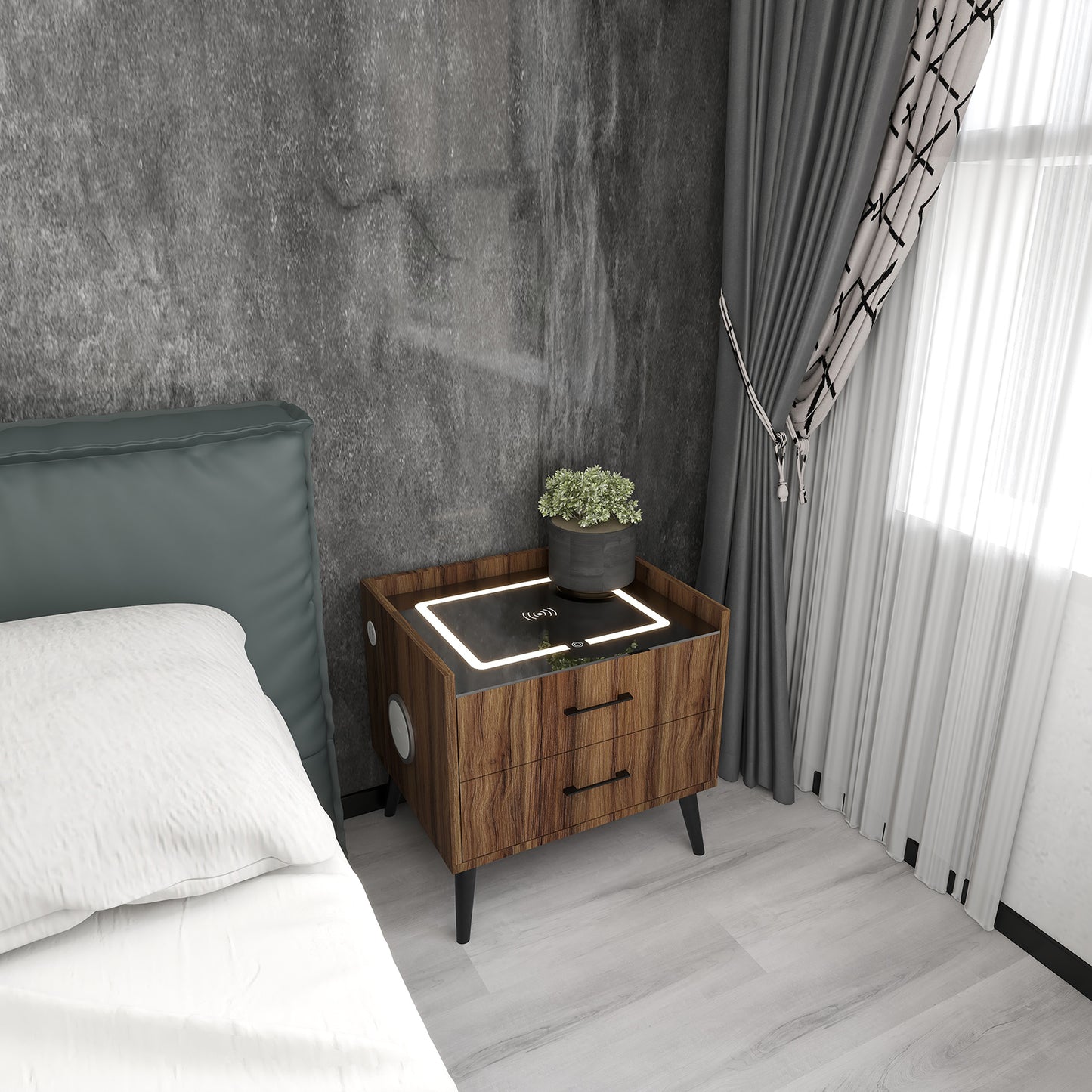 Algherohein Smart LED Nightstand with Charging Station and Bluetooth Speaker,2 Drawers,Brown