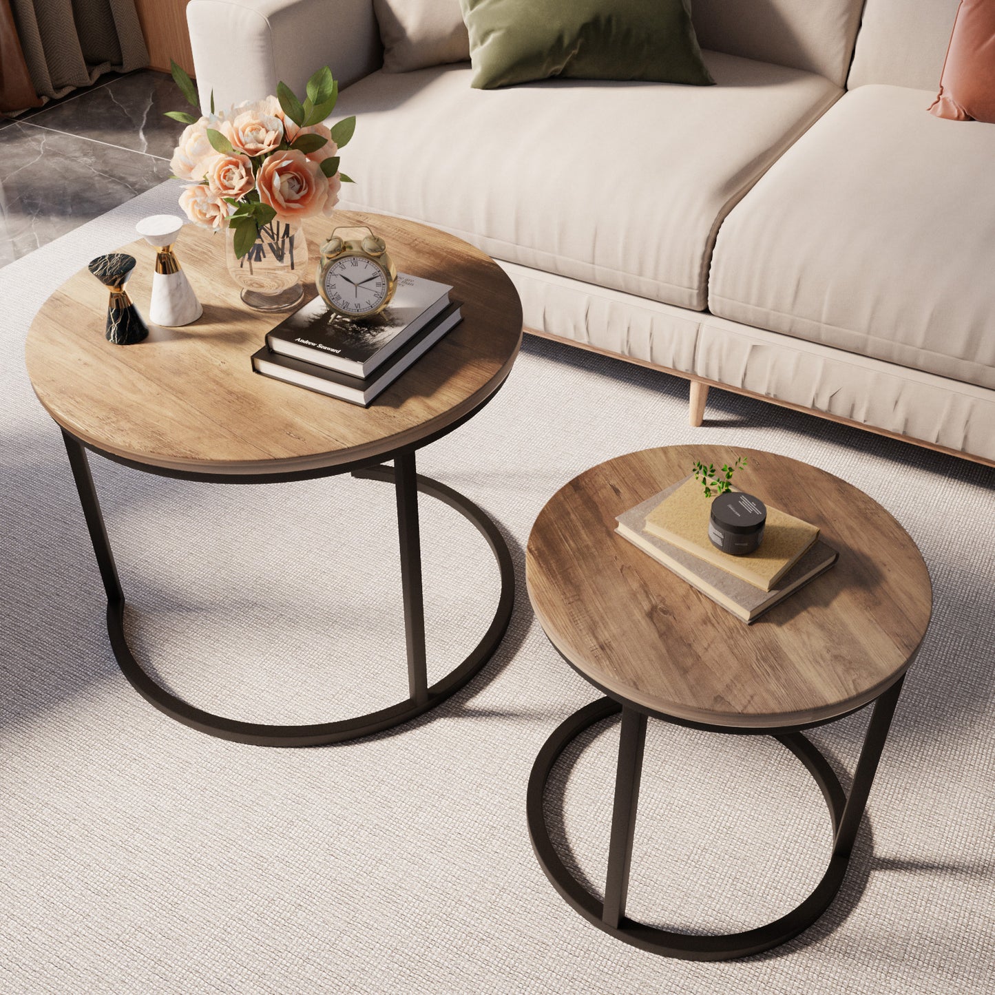 Algherohein Round Nesting Coffee Table Modern Marble Top Set of 2 for Living Room White