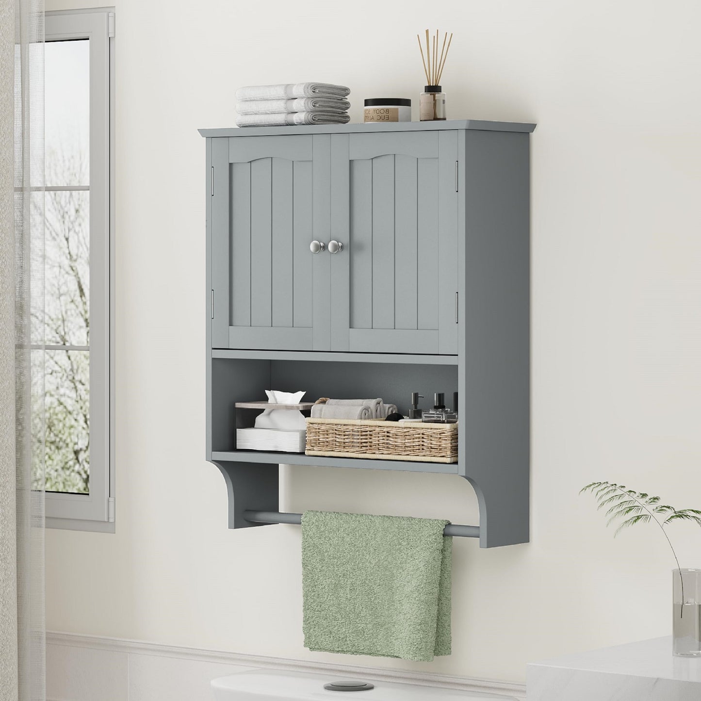 Smuxee Bathroom Storage Cabinets with Doors and Shelves,Towel Bar,over the Toilet Storage