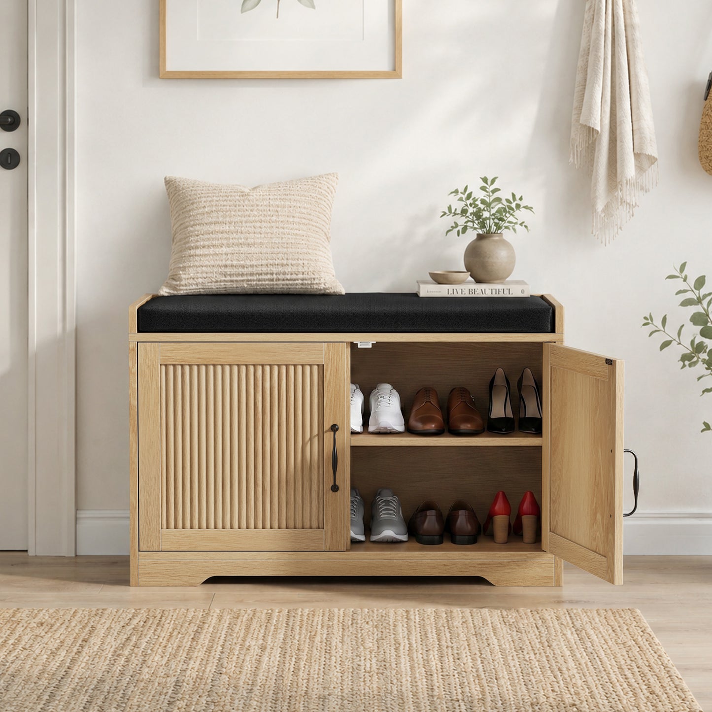 Algherohein Entryway Shoe Bench with Closed Storage Cabinet, Padded Seat Shoe Organizer Bench for Hallway