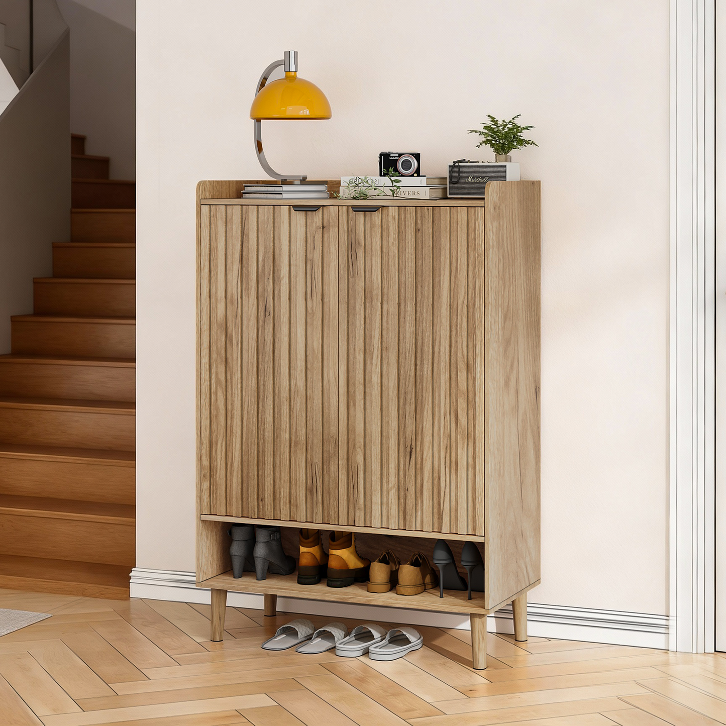 Algherohein 16-20 Pairs Shoe Storage Cabinet with Flip-Down Drawers,Freestanding Entryway Slim Shoe Cabinet, Oak
