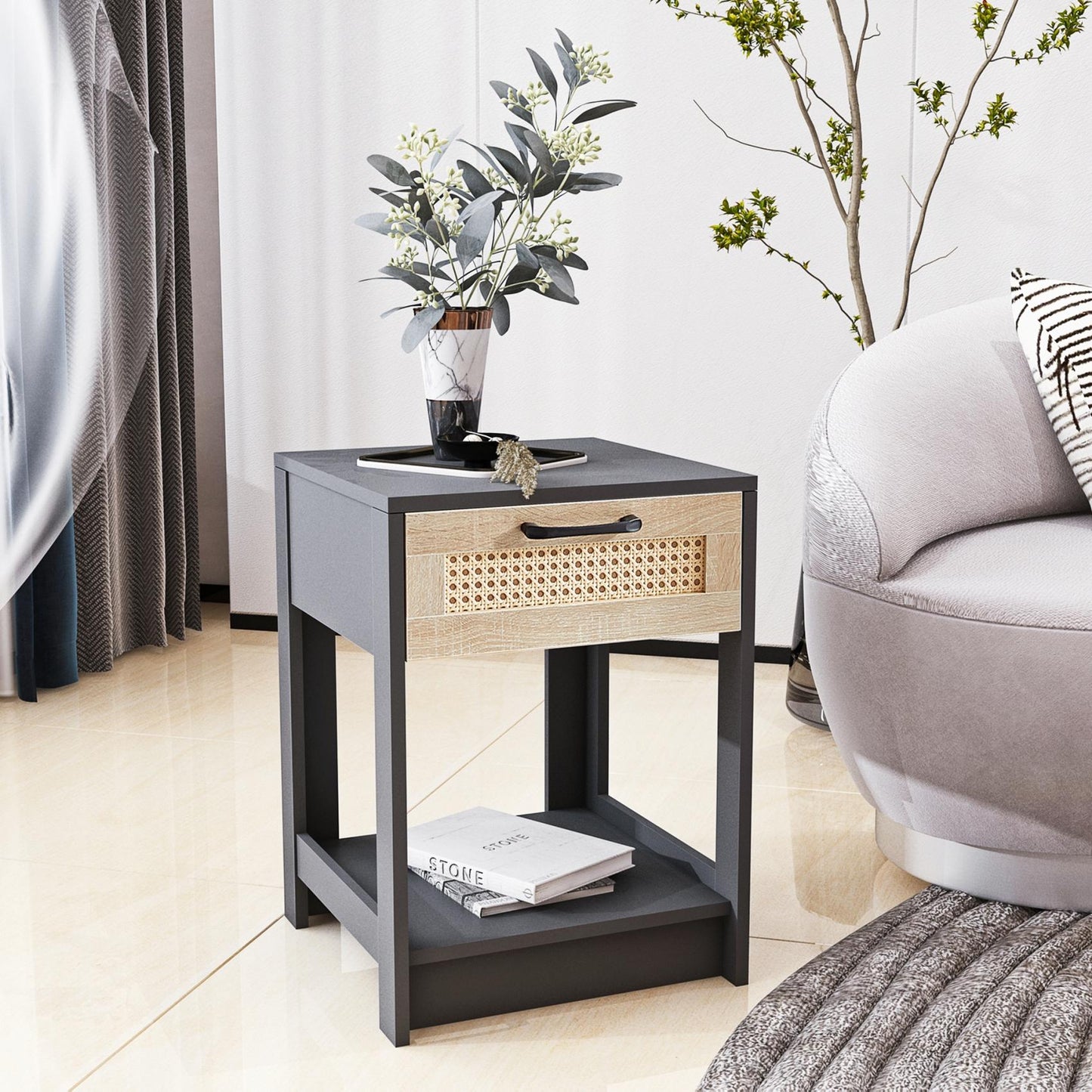 Smuxee Classic Wood Rattan Nightstand with 1 Drawer and Shelf,Side Tables for Living Room