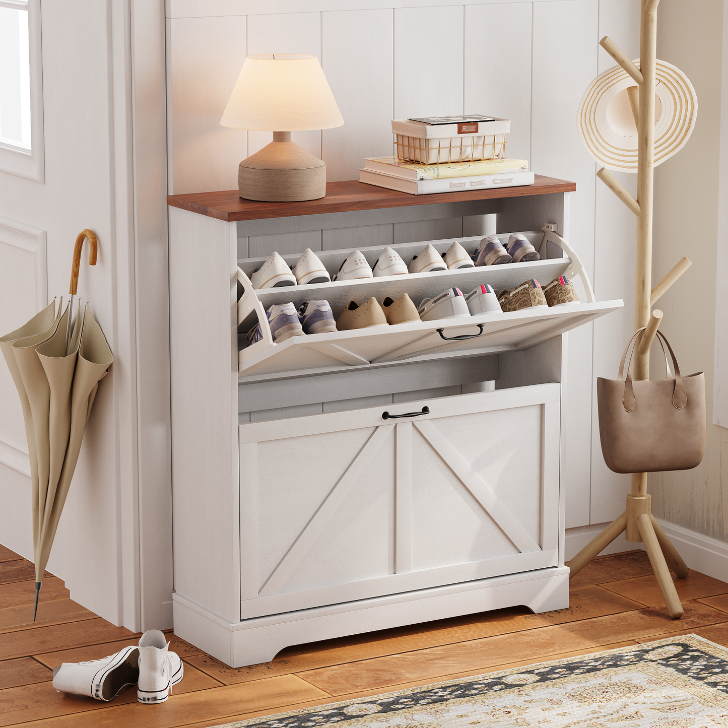 Algherohein Farmhouse Shoe Cabinet Entryway,Shoe Storage Cabinet with 2 Flip Drawers,Gray