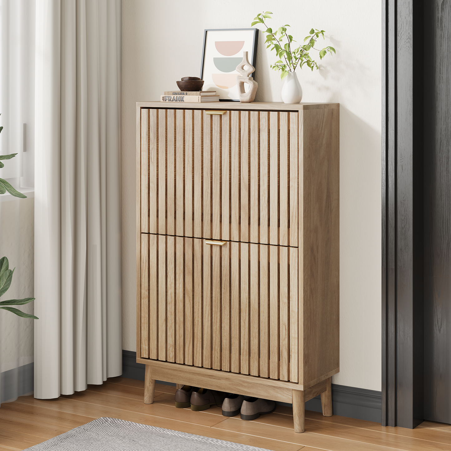 Algherohein 23.6"W Entryway Shoe Cabinet with Flip-Down Drawers, Freestanding Wooden Shoe Storage Cabinet, Walnut