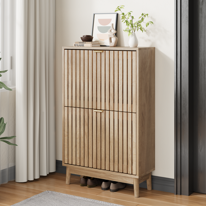 Algherohein 23.6"W Entryway Shoe Cabinet with Flip-Down Drawers, Freestanding Wooden Shoe Storage Cabinet, Walnut