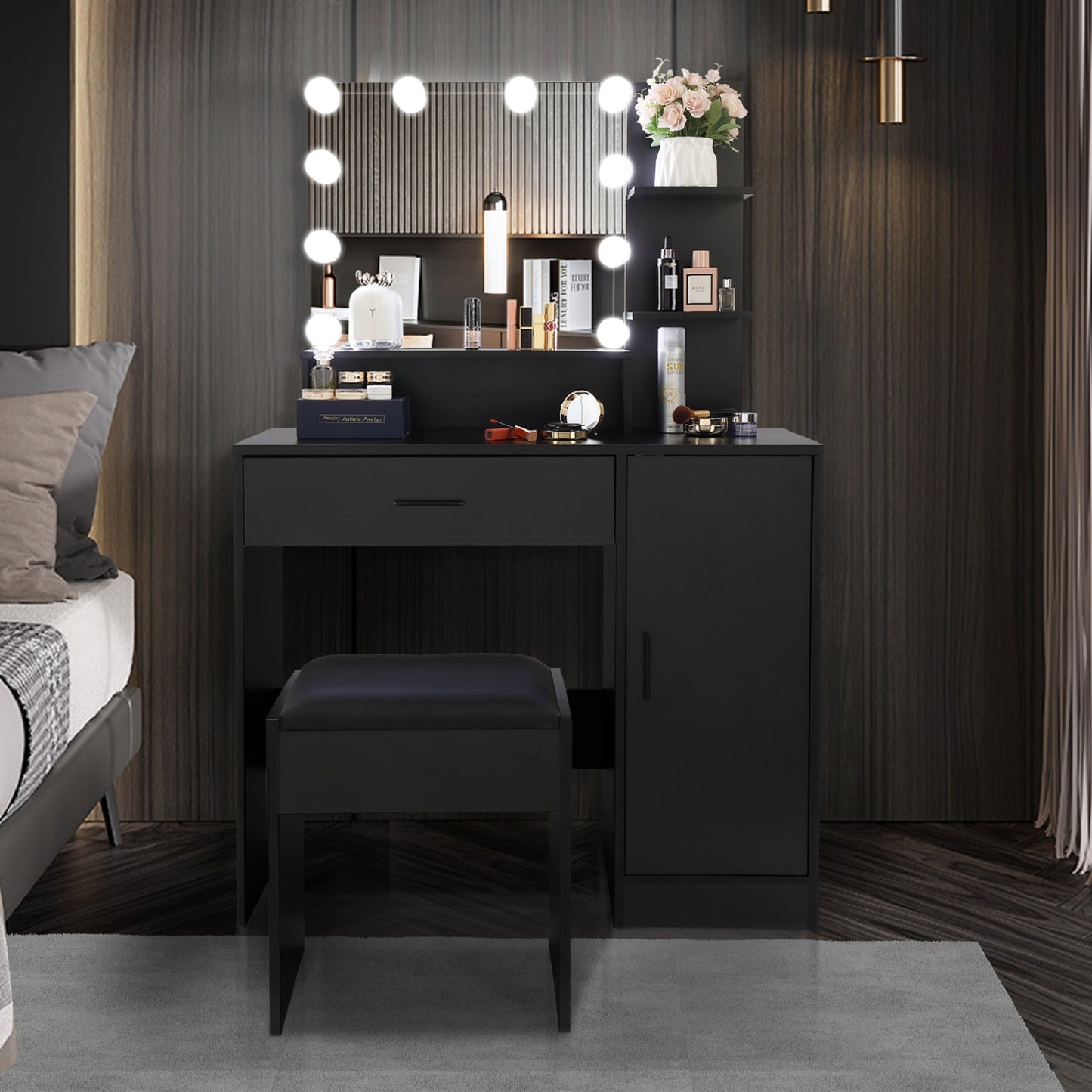Smuxee Modern Drawer Vanity Set with Mirror and LED Lights,Makeup Dresser Table with 3 Shelves