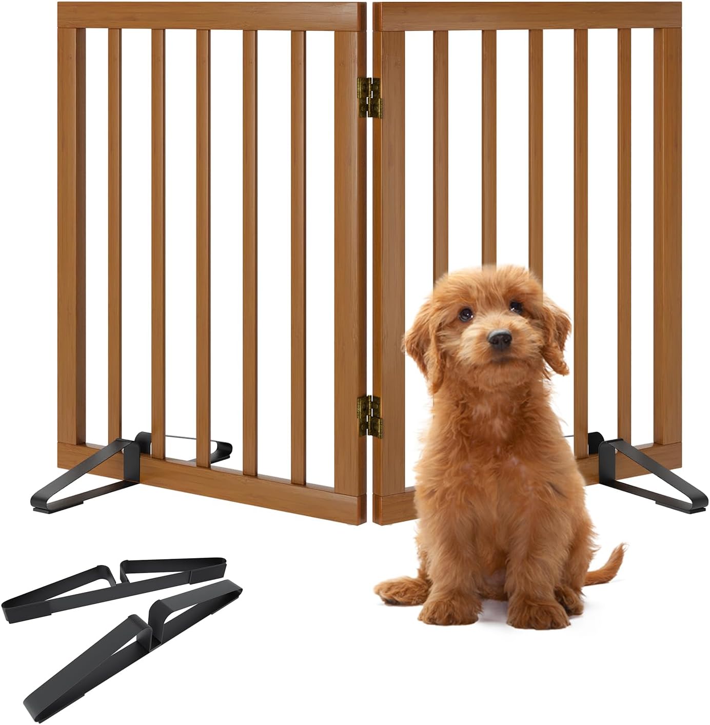 Smart FENDEE Bamboo Dog Gates for Doorways Freestanding Pet Gate, 2 Support Feet, 24"H, Walnut