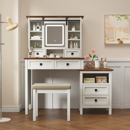 Semiocthome Farmhouse Makeup Vanity Desk with Cushioned Stool and Charging Station for Bedroom,White