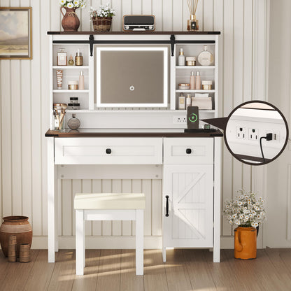 Smart FENDEE Farmhouse Makeup Vanity with Power Outlet,Glass Top,Sliding Mirror, Bedroom,White,Adult