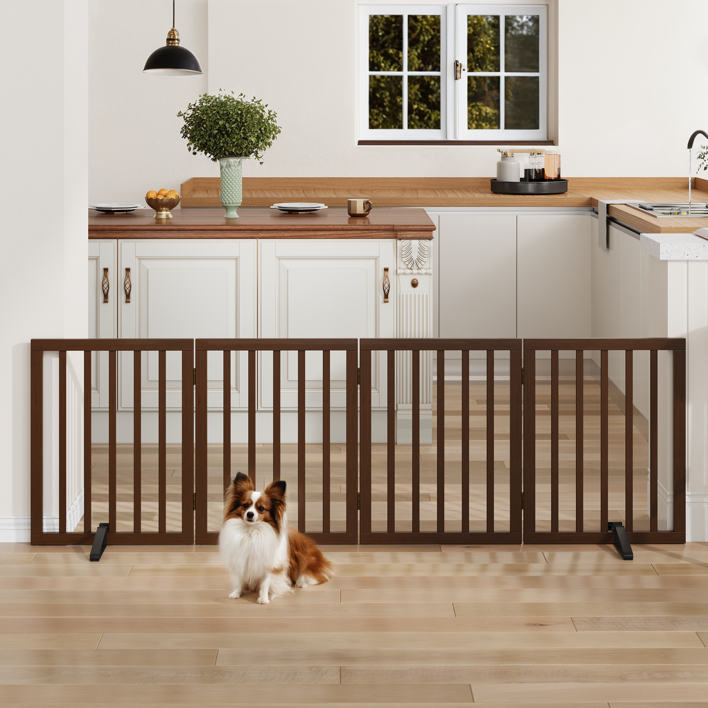 Smart FENDEE Bamboo Dog Gate Freestanding 4 Panel Pet Gate for Doorways, 2 Support Feet, Espresso