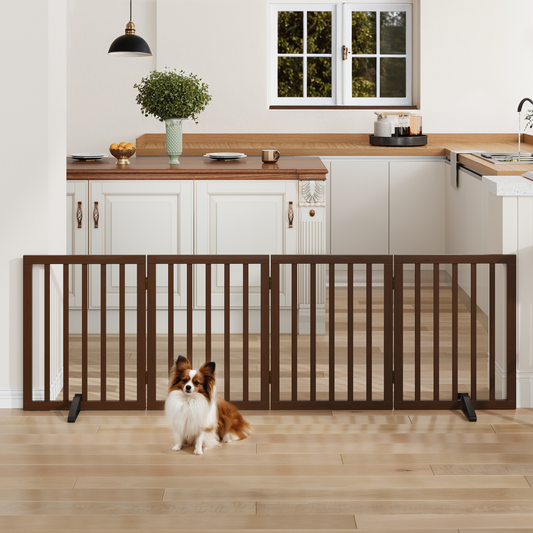 Smart FENDEE Bamboo Dog Gate Freestanding 4 Panel Pet Gate for Doorways, 2 Support Feet, Espresso