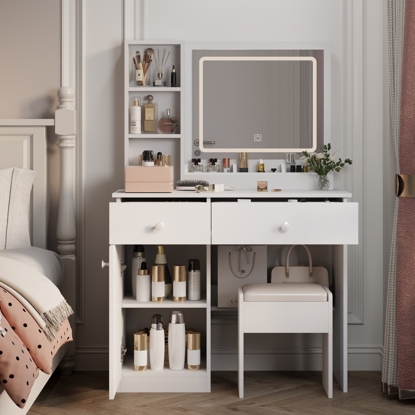 Smart FENDEE Modern Vanity with Makeup Stool Dressing Table with hair dryer holder,Bedroom,White