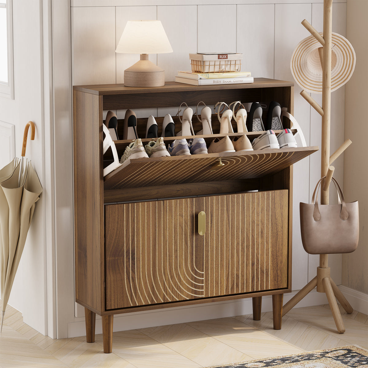 Smart FENDEE Shoe Cabinet with 2 Flip Drawers, Shoe Rack for Entryway, Hallway, 31.5", Walnut