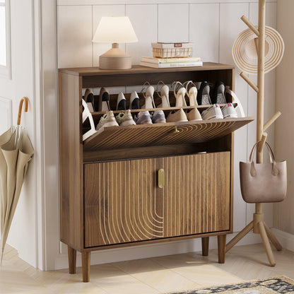 Smart FENDEE Shoe Cabinet with 2 Flip Drawers, Shoe Rack for Entryway, Hallway, 31.5", Walnut