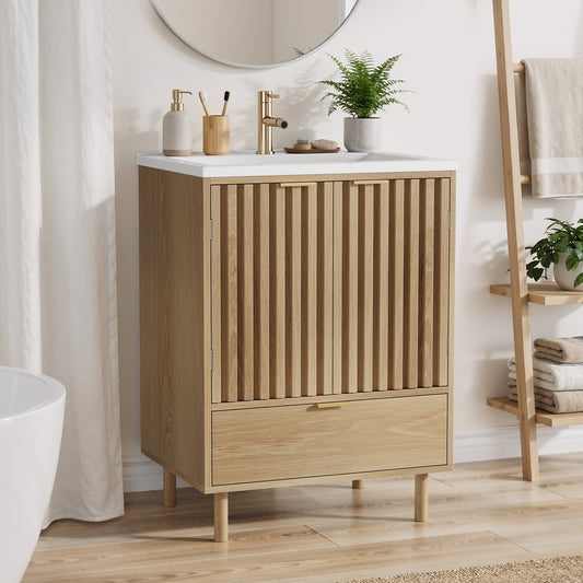 Smart FENDEE 22.83" Bathroom Vanity with Resin Sink, Storage Cabinet with Barn Door & Drawer, White