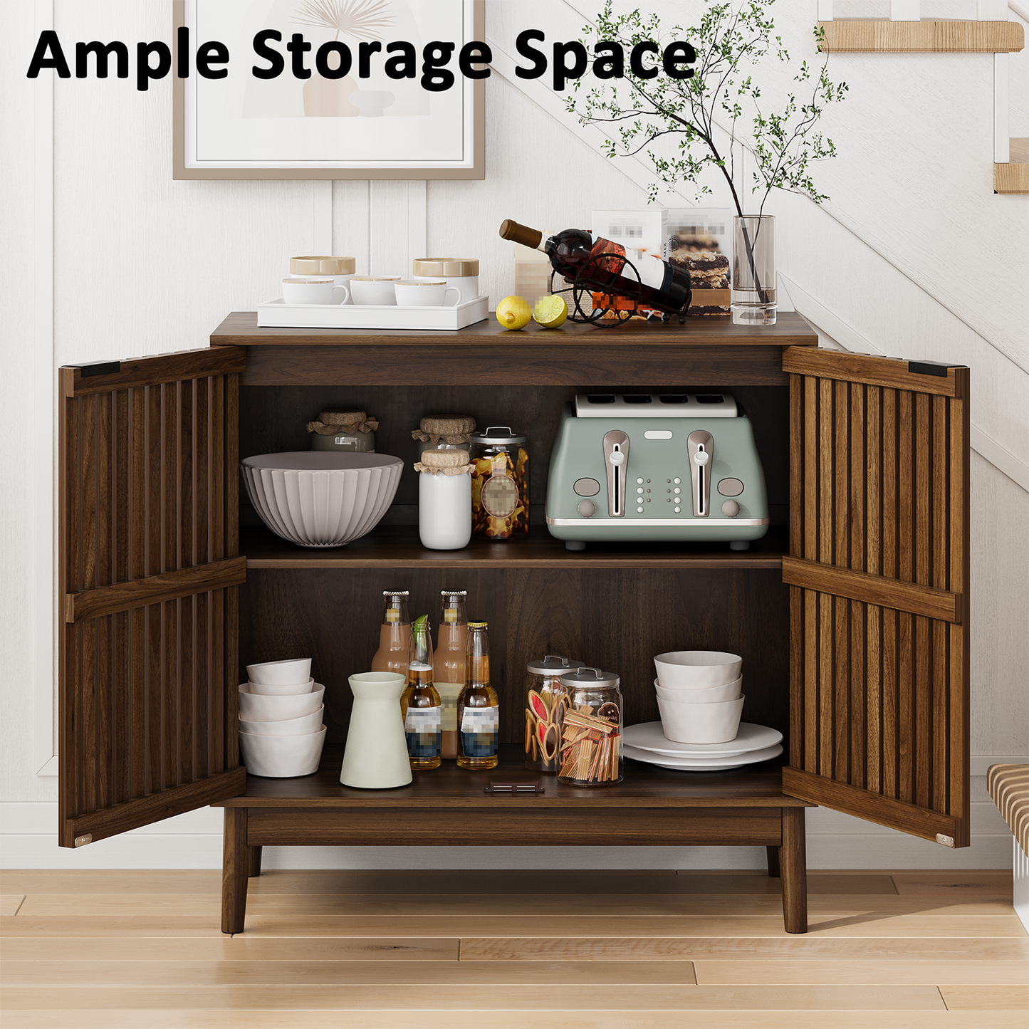 Semiocthome 31.5” Buffet Cabinet with 2 Slatted Doors and 1 Adjustable Shelf for Kitchen, Walnut