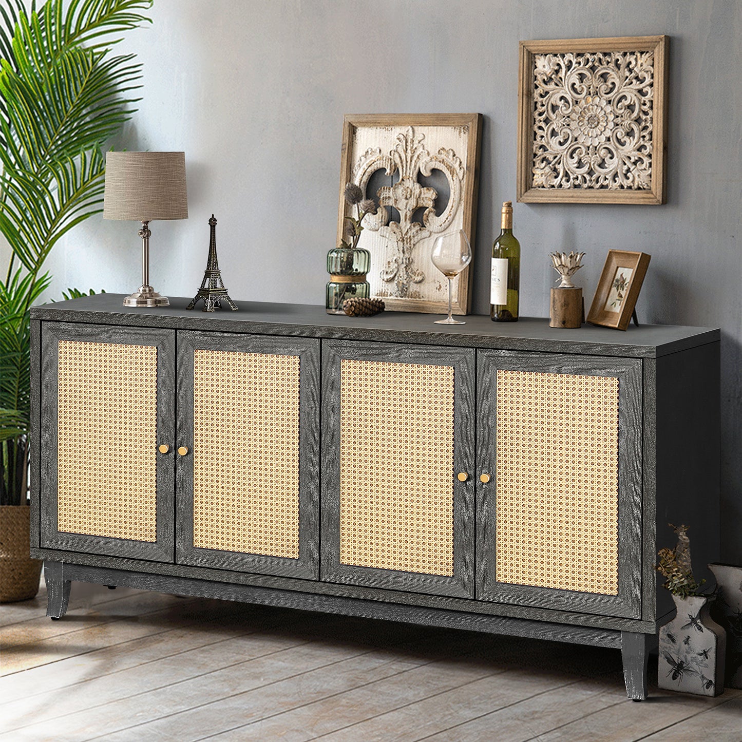 Smart FENDEE Rattan Sideboard Buffet with 4 Rattan Doors for Living Room