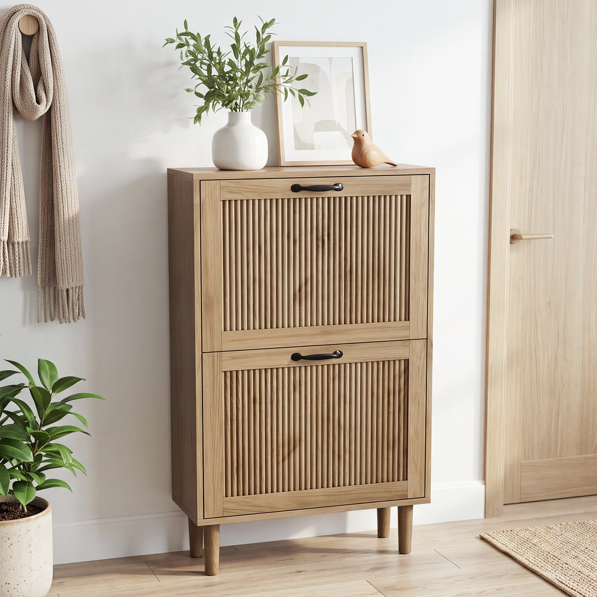 Algherohein Slim Hidden Shoe Cabinet with Fluted Doors, Flip Down Shoe Storage Cabinet Organizer, Freestanding Wood Entryway Shoe Rack