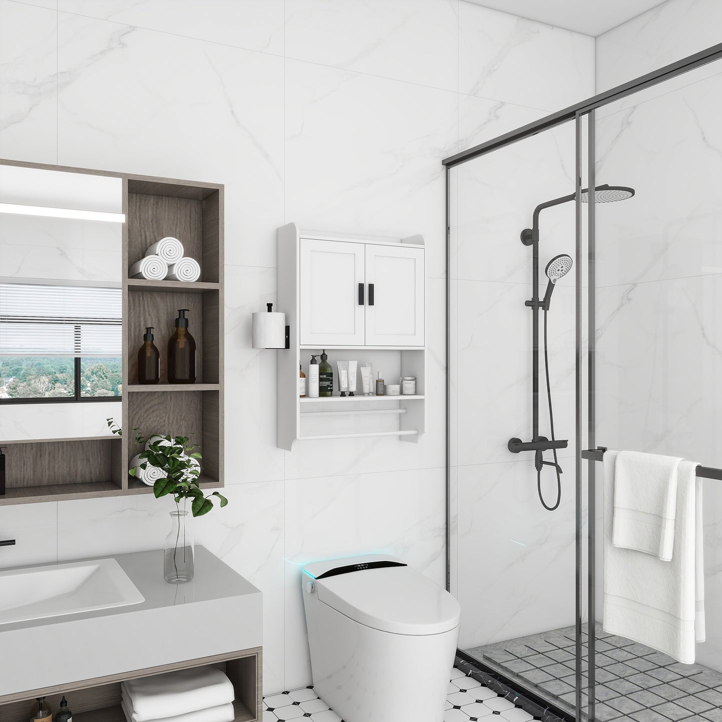 Semiocthome Bathroom Medicine Cabinet Over the Toilet Storage Cabinet with Towel Bar and Paper Holder