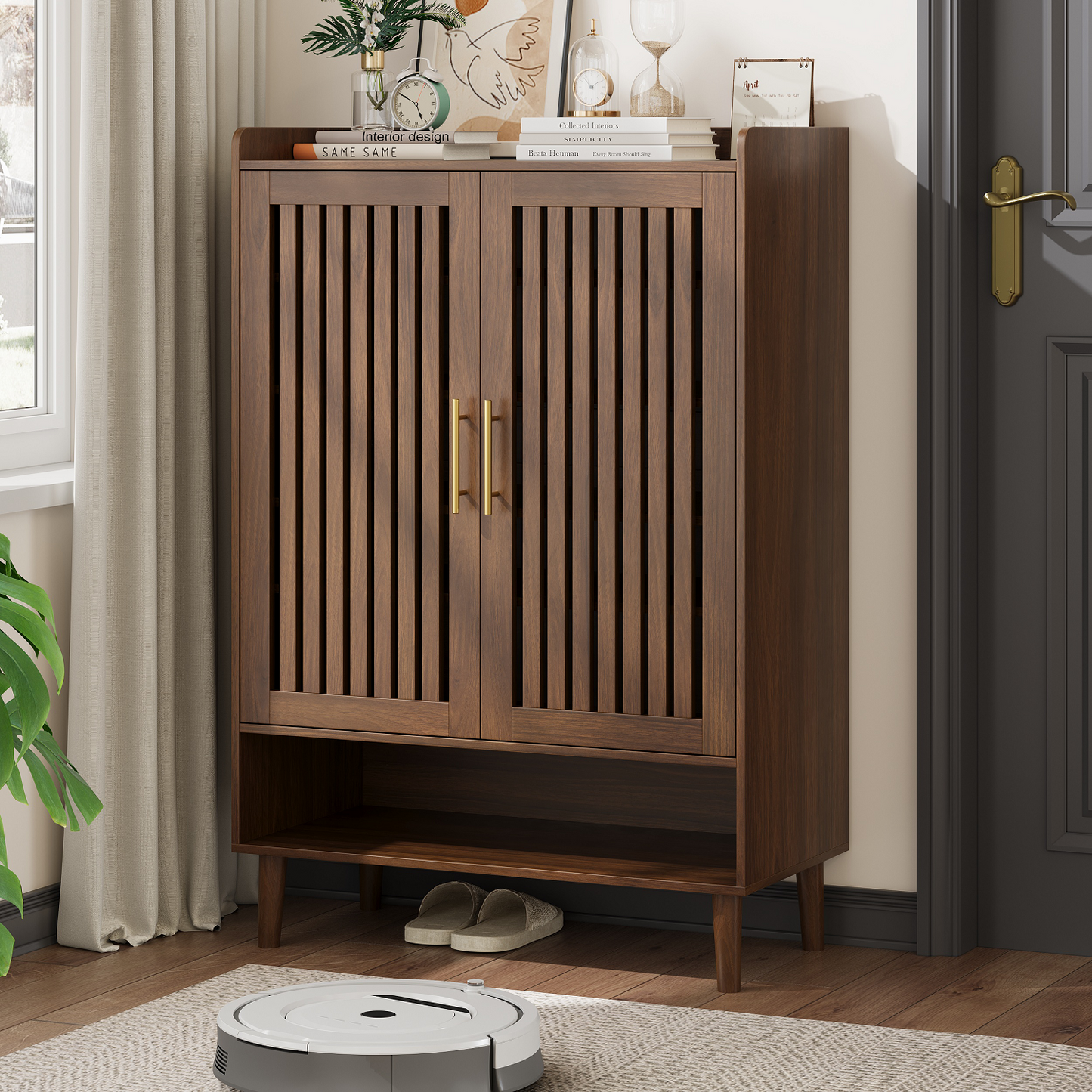 Algherohein 16-20 Pairs Shoe Storage Cabinet with Flip-Down Drawers,Freestanding Entryway Slim Shoe Cabinet, Oak