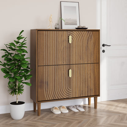 Semiocthome 31.5" Shoe Storage Cabinet with 2 Flip Drawers and Line Groove Design, Entryway, Walnut