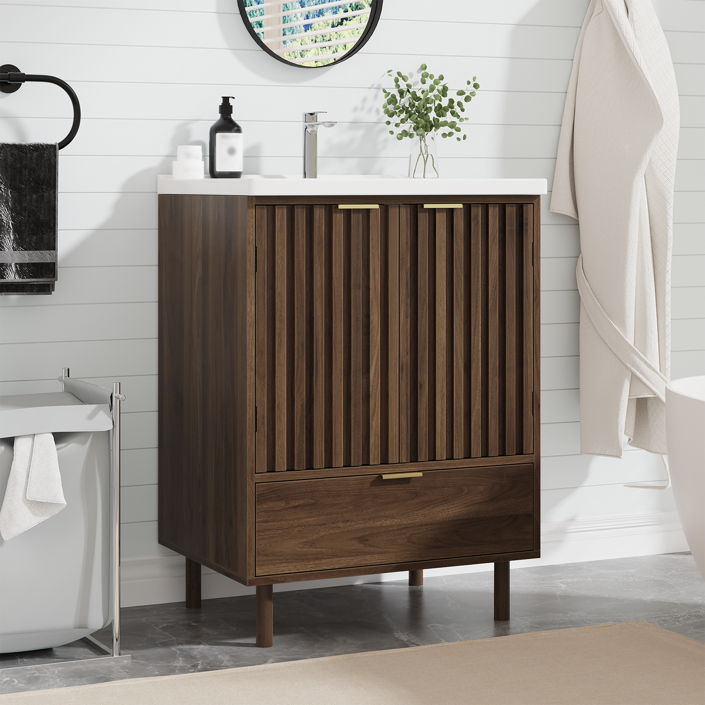 Smuxee Bathroom Vanity with Sink, Freestanding Wood Bathroom Storage Cabinet with Drawer & Doors