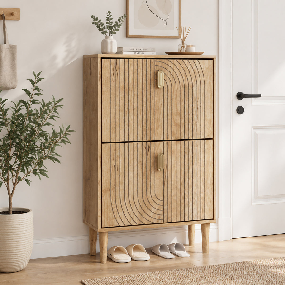Semiocthome 23.6" Shoe Storage Cabinet with 2 Flip Drawers and Line Groove Design, Entryway, Natural