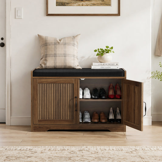 Semiocthome Shoe Bench with Storage for Entryway, Shoe Cabinet with Thick Padded Cushion, Walnut