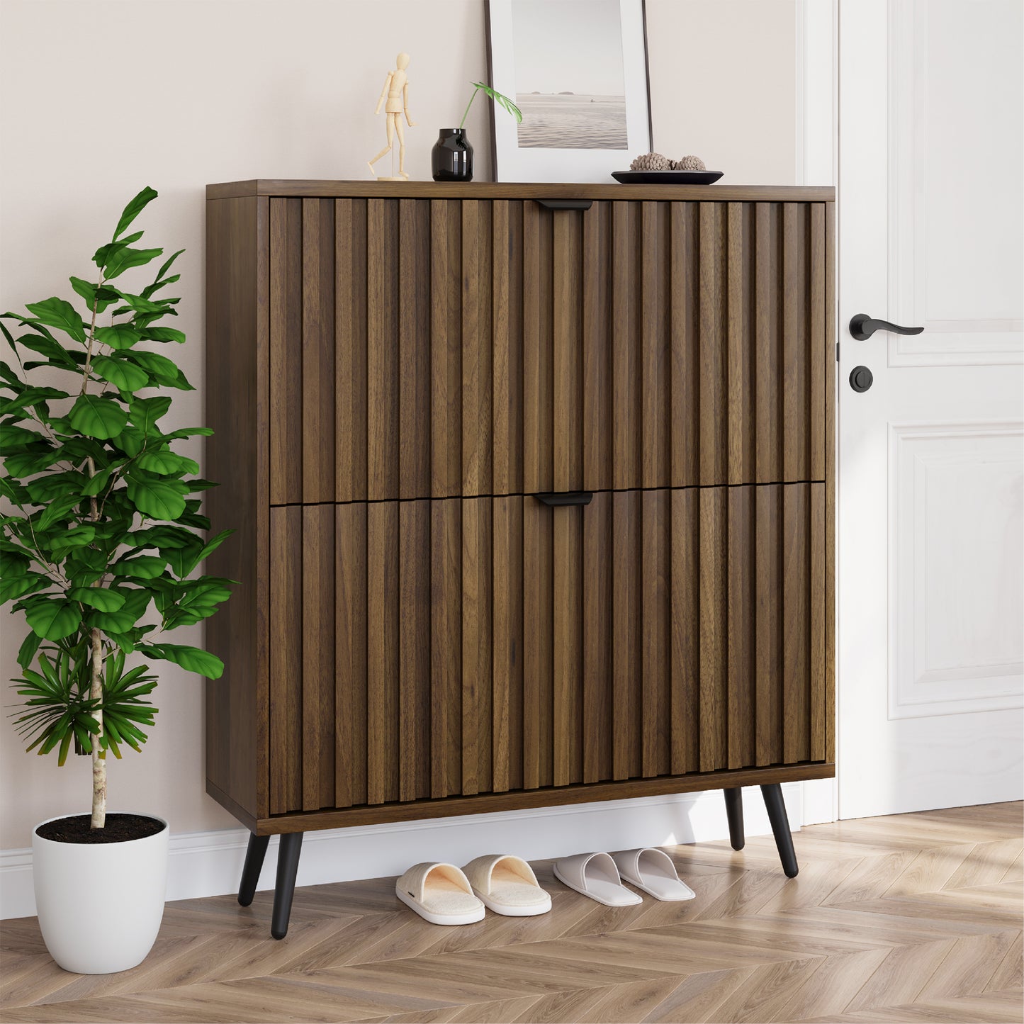 Semiocthome Shoe Cabinet with 2 Fluted Flip Drawers Freestanding Shoe Organizer for Entryway, Walnut, 31.5"W