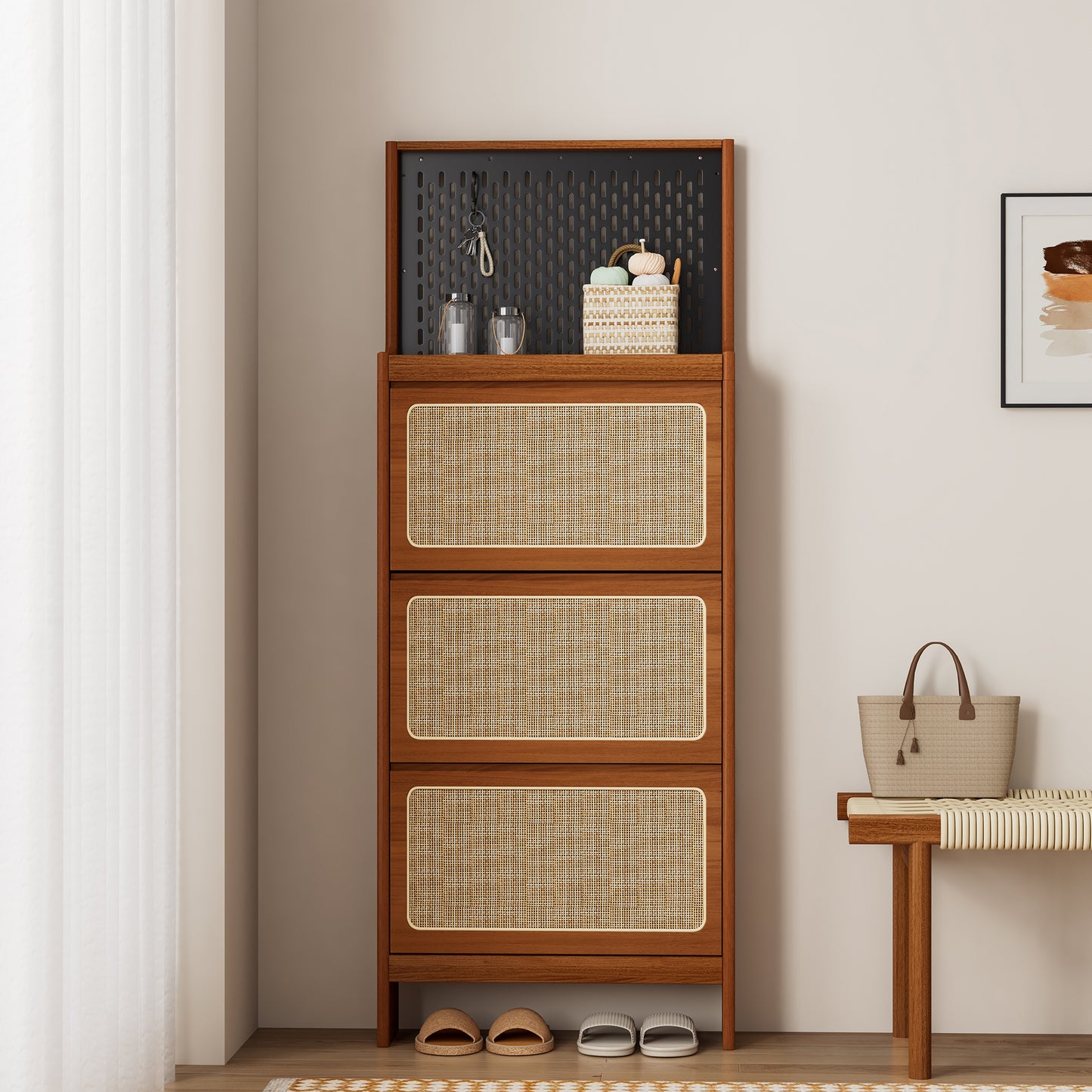 Smart FENDEE Modern Shoe Cabinet with Flip Drawer and Black Pegboard Shoe Rack for Entryway,Walnut