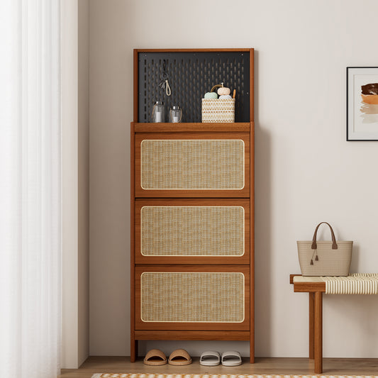 Smart FENDEE Modern Shoe Cabinet with Flip Drawer and Black Pegboard Shoe Rack for Entryway,Walnut