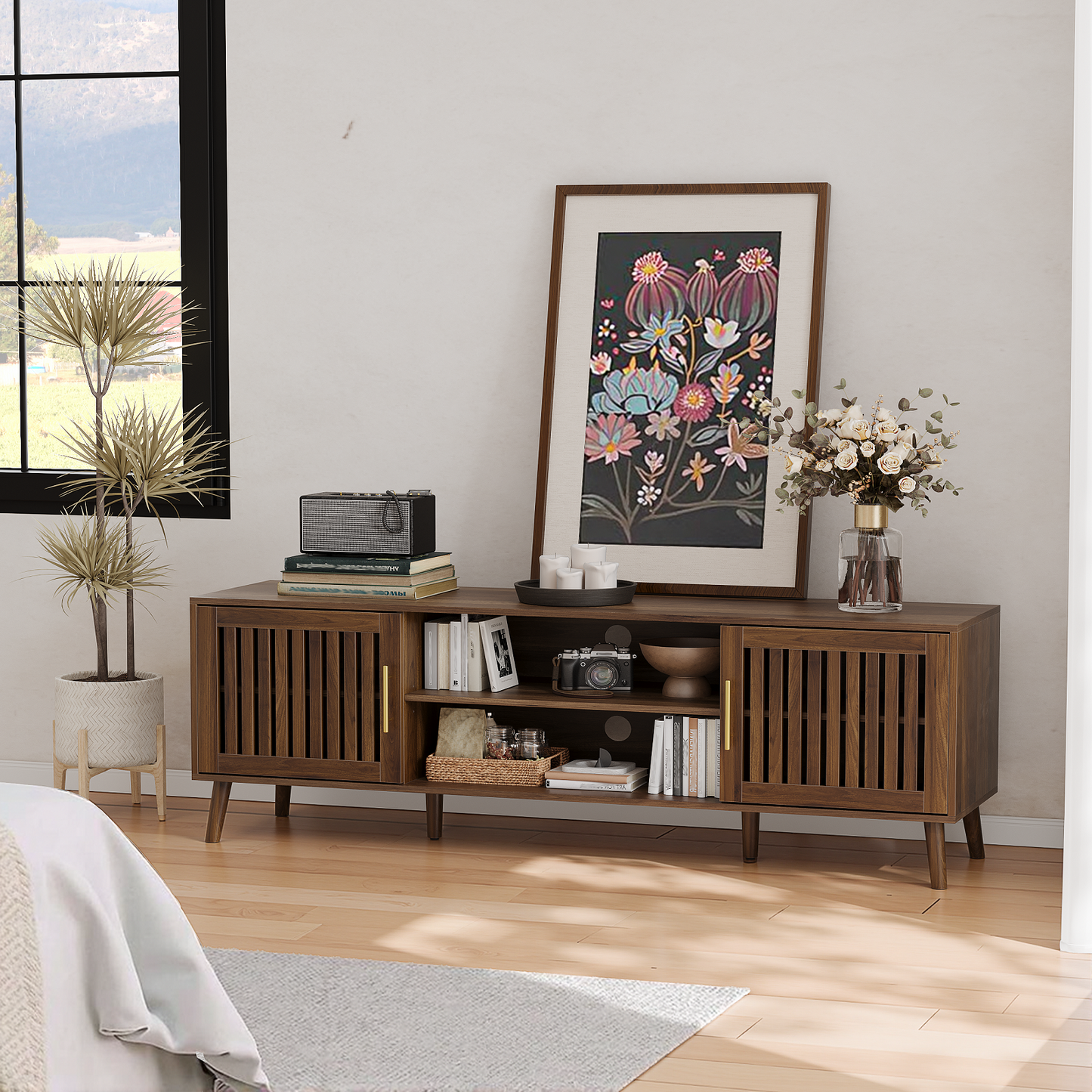 Algherohein TV Console Entertainment Center,65 Inch TV Stand with Adjustable Shelf and Slatted Door