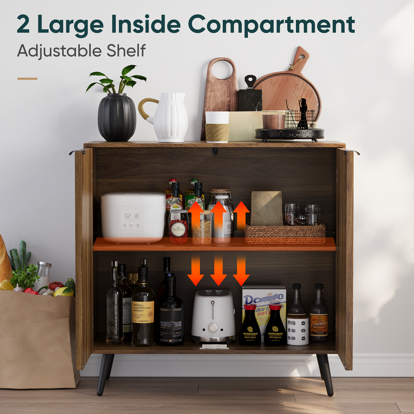 Algherohein Buffet Cabinet with Doors,Kitchen Storage Cabinets,Walnut