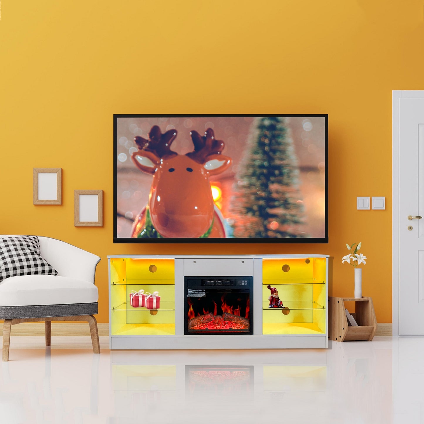 Algherohein Fireplace TV Stand for 65 inch TV,57.8in L Electric Fireplace Entertainment Center