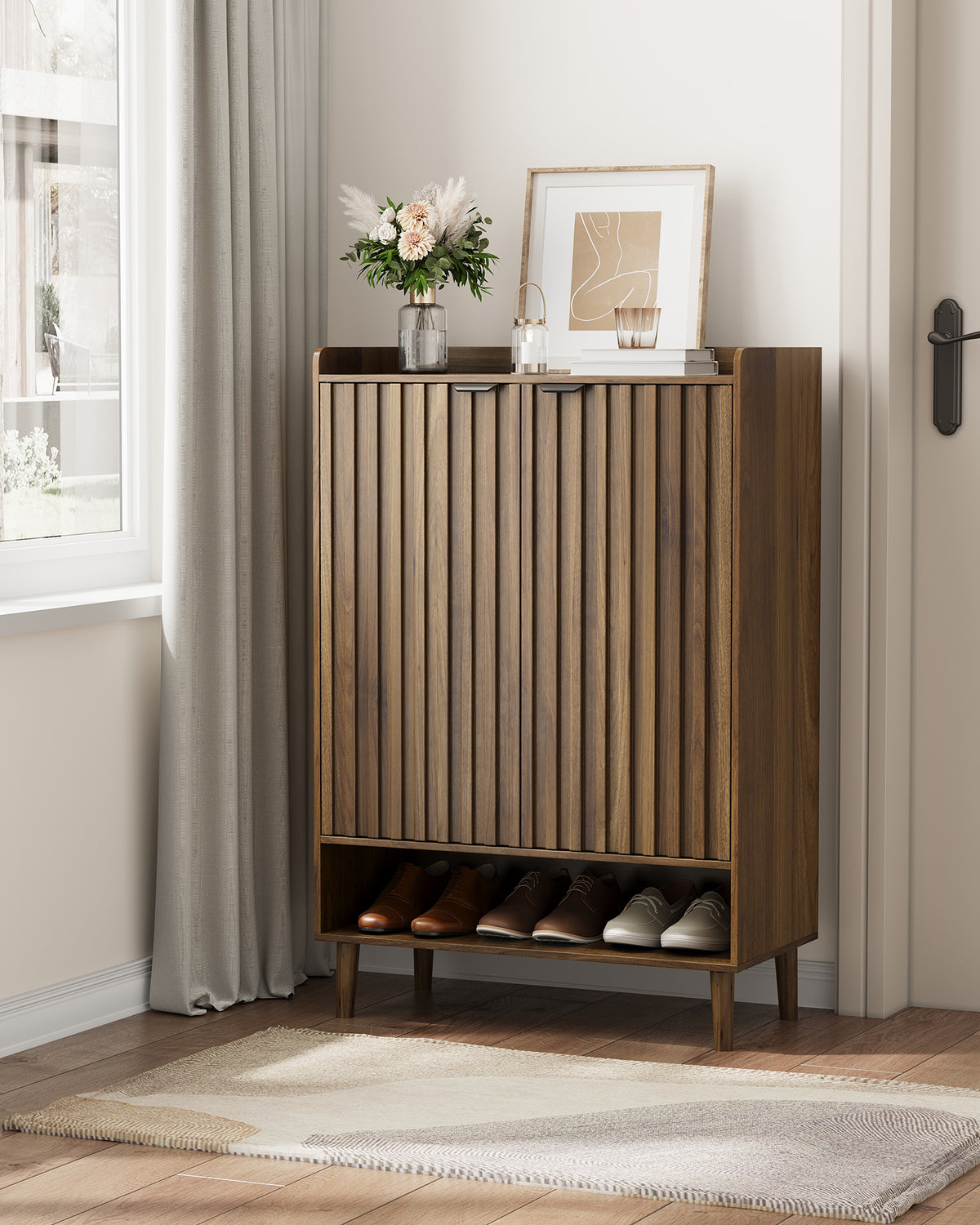 Smart FENDEE 6-Tier Shoe Storage Cabinet with 2 Fluted Doors, Entryway Shoe Storage, Walnut