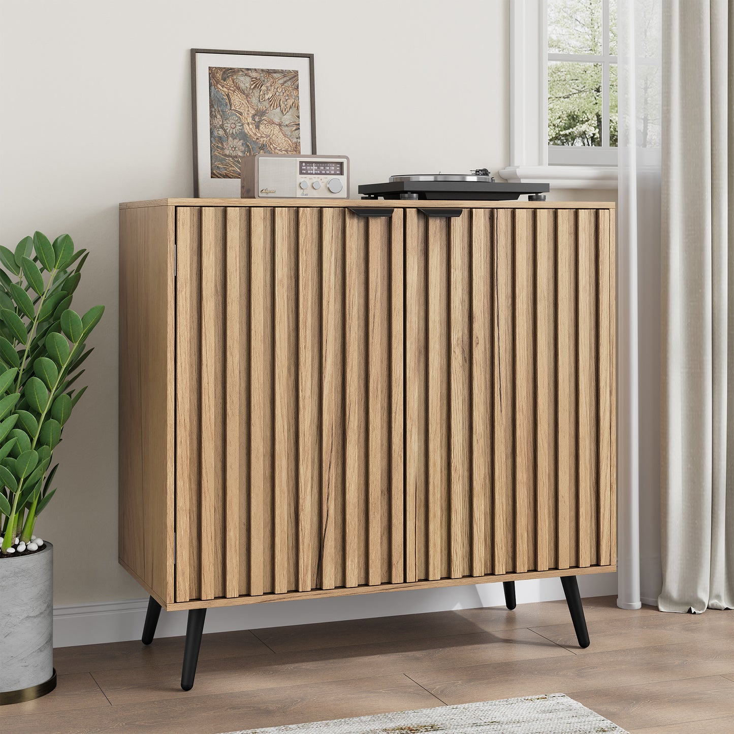 Semiocthome Sideboard Cabinet with 2 Fluted Doors and 1 Adjustable Shelves for Dining Room, Natural