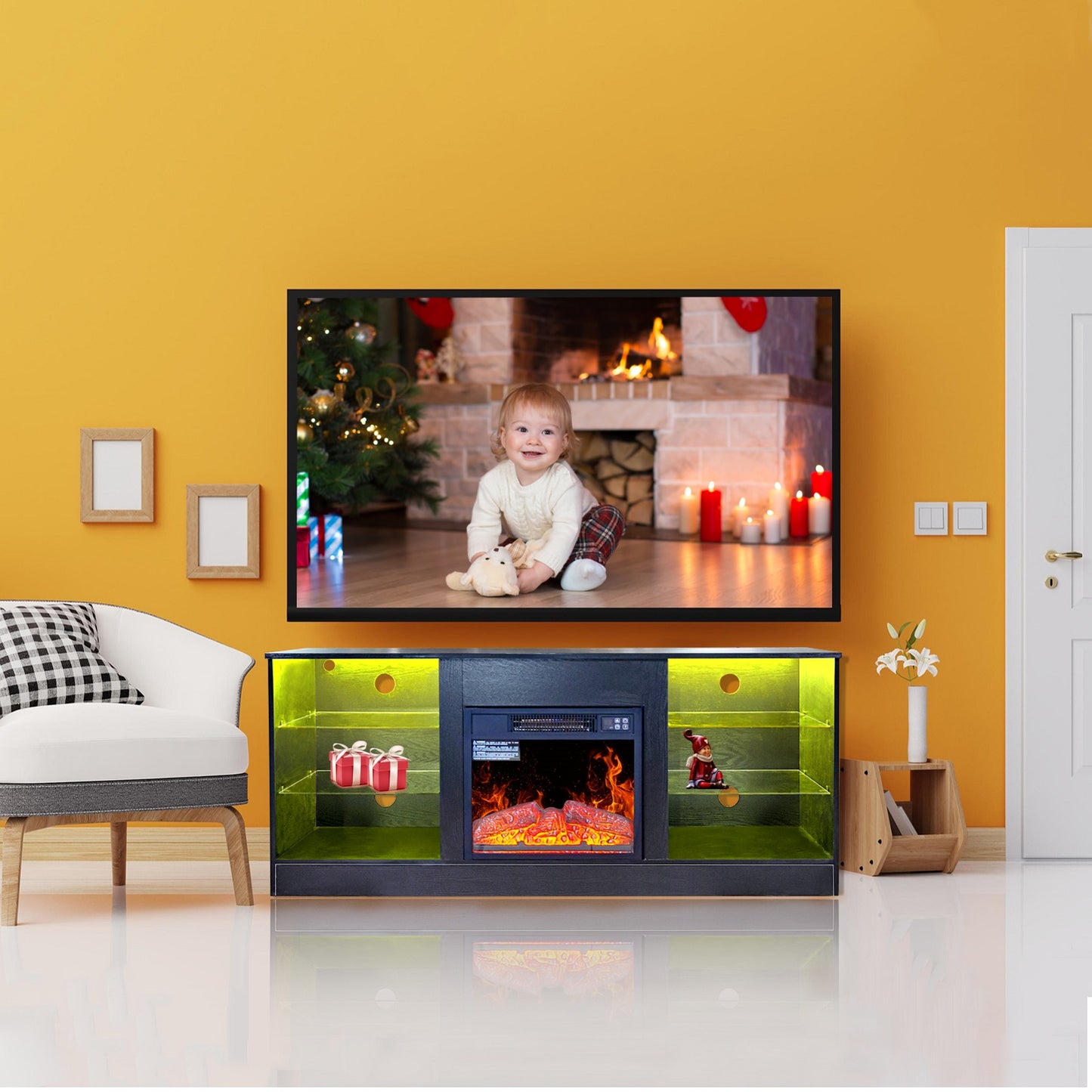 Algherohein Fireplace TV Stand for 65 inch TV,57.8in L Electric Fireplace Entertainment Center