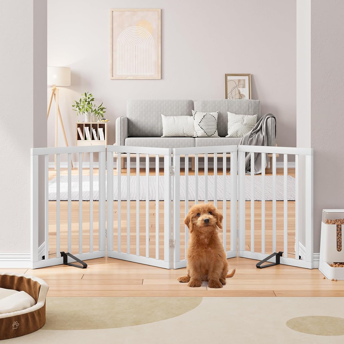 Smart FENDEE Foldable Dog Gate Bamboo Pet Gate Extra Wide Dog Fence for Doorway,24"H,White,4 Panels