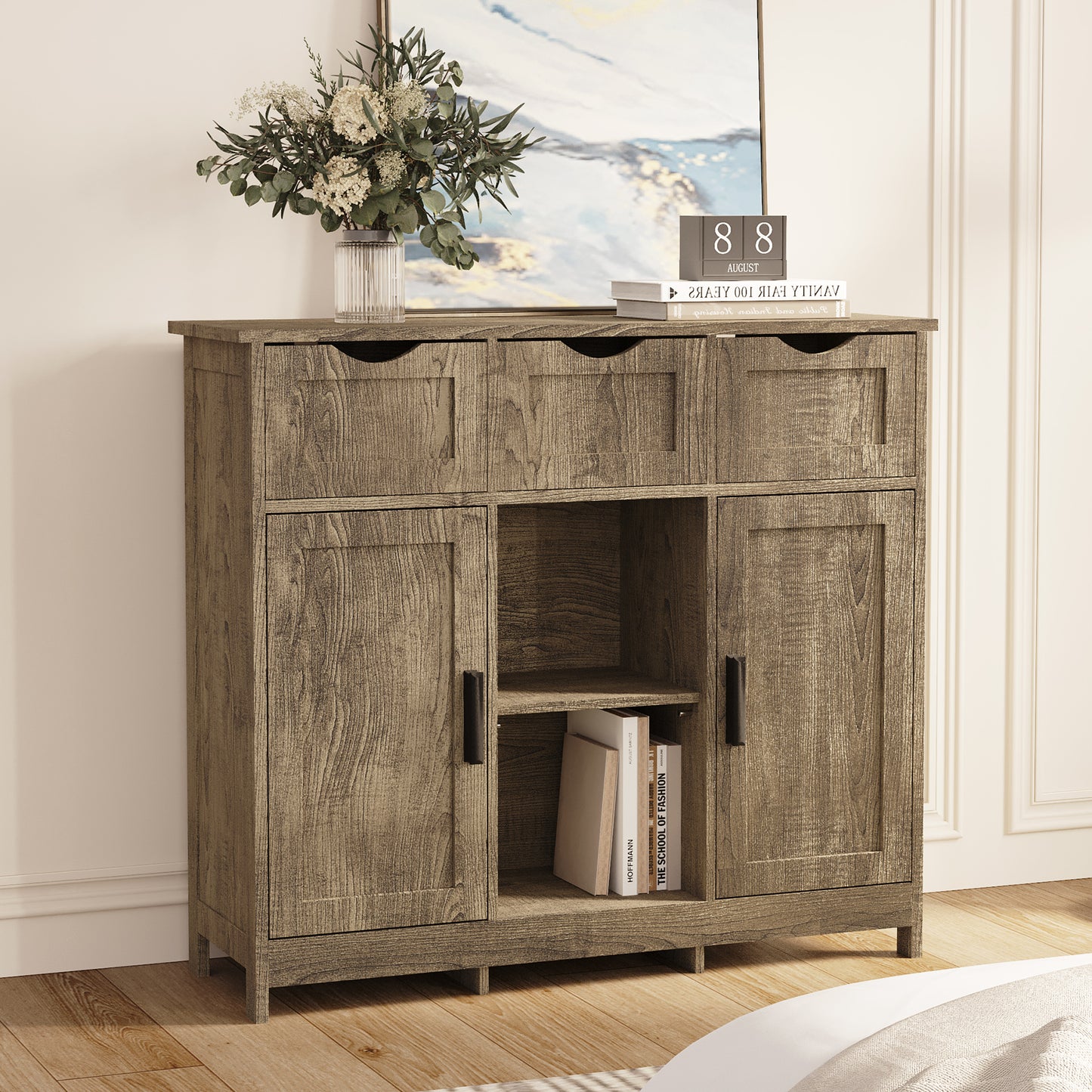 Smuxee Modern Storage Cabinets with 3 Drawer and Shelves,Living Room Kitchen Buffet Cabinet