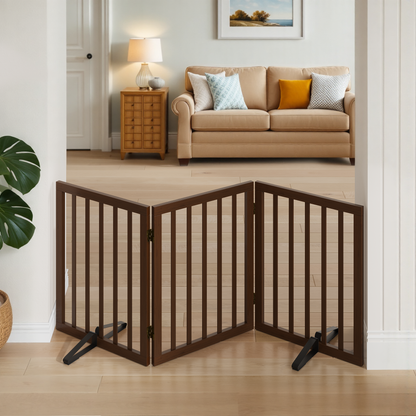Smart FENDEE Bamboo Dog Gate Freestanding 3 Panel Pet Gate for Doorways, 2 Support Feet, Espresso