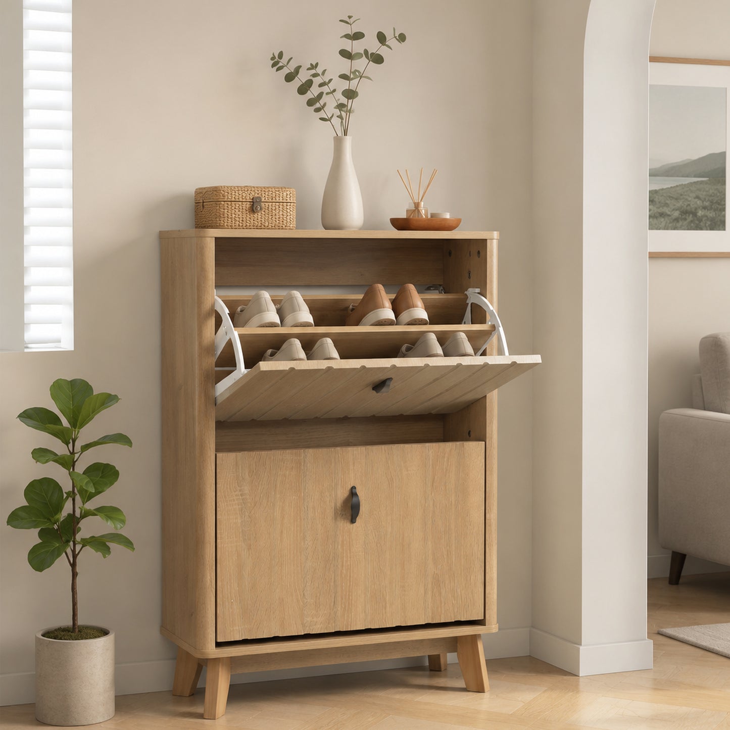 Semiocthome Modern Shoe Cabinet with 2 Flip Drawers Hidden Narrow Shoe Storage for Entryway, Oak